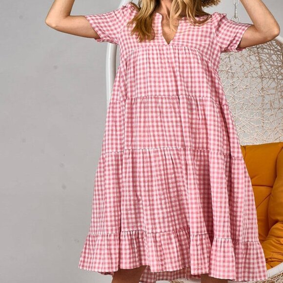 Women's Checkered V-Neck Tiered Midi Dress - Picture 3 of 5